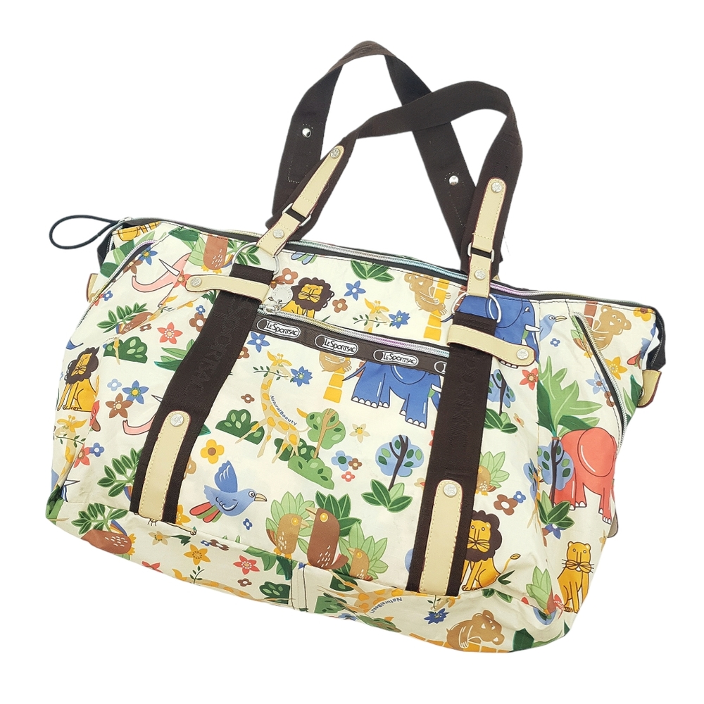 LeSportSac Small Duffle Bag Wild Animal Print Lion Giraffe Elephant Cream - Picture 1 of 12